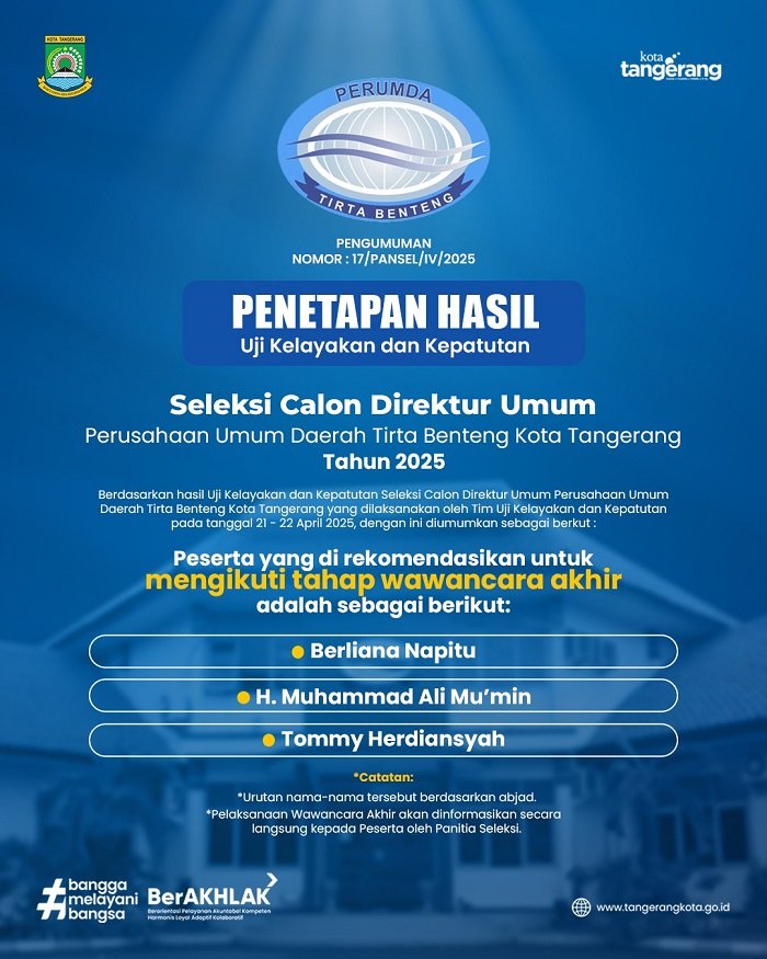 Tiga Nama Lolos Seleksi Dirum Perumda Tirta Benteng